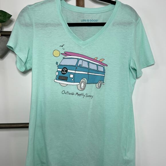Life is Good Short Sleeve V Neck Green T Shirt Size Medium - Picture 3 of 7
